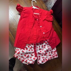 Red Button-Up Top and Watermelon Print Shorts Set